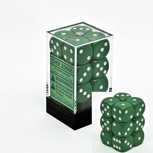 Chessex Opaque 16Mm D6 Dice Block 12 Pipped Dice, Green/White