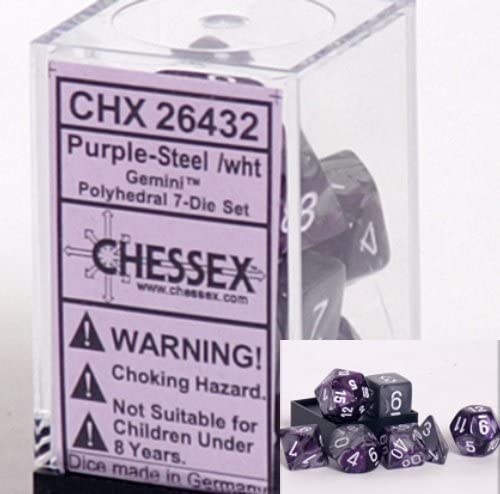 Load image into Gallery viewer, Chessex: Gemini Purple-Steel/White 7-Die Set
