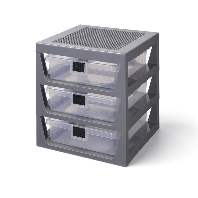 Lego 3-Drawer Rack Storage System and Building Station with Baseplate Top – Store, Sort, and Organize Building Blocks and Other Small Toys Dark Grey