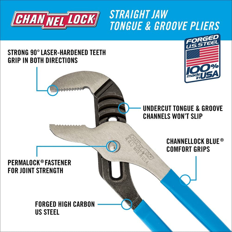 Load image into Gallery viewer, Channellock 440 Tongue and Groove Pliers | 12-Inch Straight Jaw Groove Joint Plier with Comfort Grips | 2.25-Inch Jaw Capacity | Laser Heat-Treated 90° Teeth| Forged High Carbon Steel | Made in USA, Black, Blue, Silver
