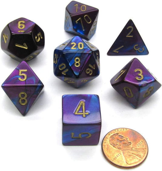 Chessex Manufacturing Cube Gemini Set of 7 Dice - Blue & Purple with Gold Numbering