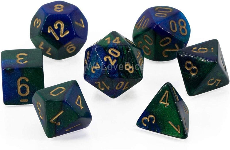 Load image into Gallery viewer, Chessex Dice-16mm Gemini Blue, Green, and Gold Plastic Polyhedral Dice Set Includes 7 Dice
