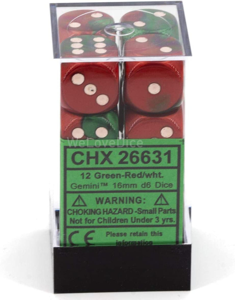 Load image into Gallery viewer, Chessex Gemini: Green-Red/White - 16mm D6 (12 Dice)
