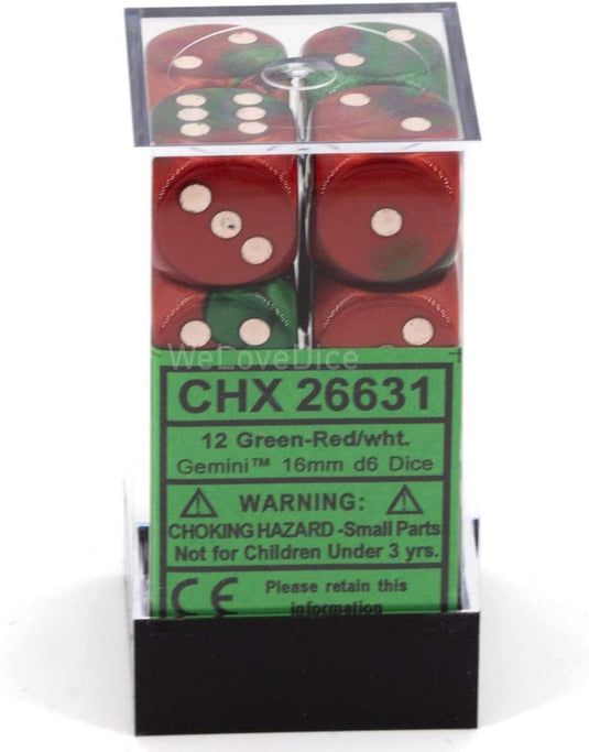 Chessex Gemini: Green-Red/White - 16mm D6 (12 Dice)