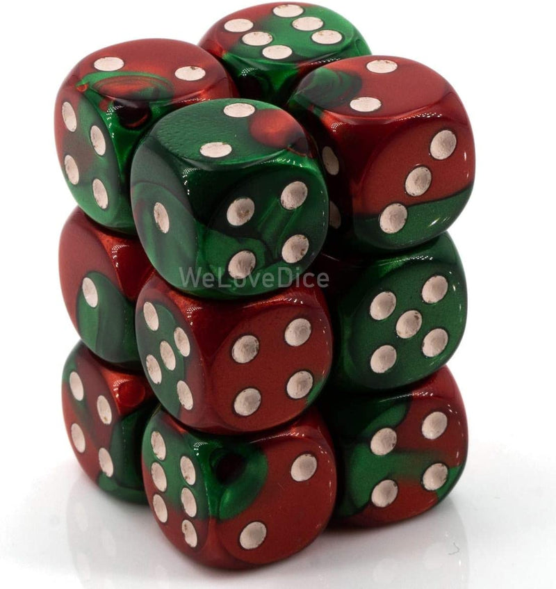 Load image into Gallery viewer, Chessex Gemini: Green-Red/White - 16mm D6 (12 Dice)
