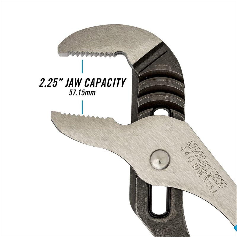 Load image into Gallery viewer, Channellock 440 Tongue and Groove Pliers | 12-Inch Straight Jaw Groove Joint Plier with Comfort Grips | 2.25-Inch Jaw Capacity | Laser Heat-Treated 90° Teeth| Forged High Carbon Steel | Made in USA, Black, Blue, Silver
