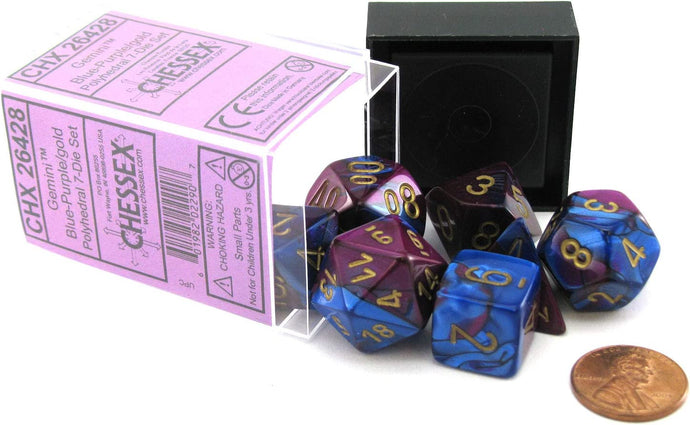 Chessex Manufacturing Cube Gemini Set of 7 Dice - Blue & Purple with Gold Numbering