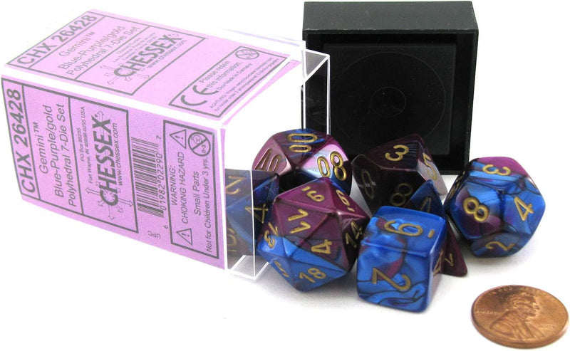 Load image into Gallery viewer, Chessex Manufacturing Cube Gemini Set of 7 Dice - Blue &amp; Purple with Gold Numbering

