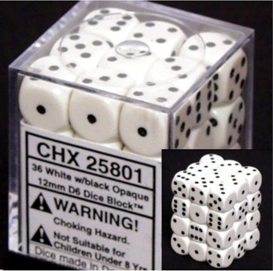 Chessex Opaque 12mm d6 White w/Black Dice Block 36 Dice