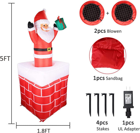 Afirst 5FT Inflatable Santa Claus in Chimney Automatic Up and Down with LED Lights Christmas Decoration for Outdoor Yard Garden Lawn Home