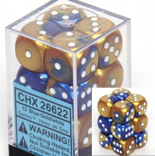 Chessex Dice d6 Sets: Gemini Blue & Gold with White - 16mm Six Sided Die (12) Block of Dice