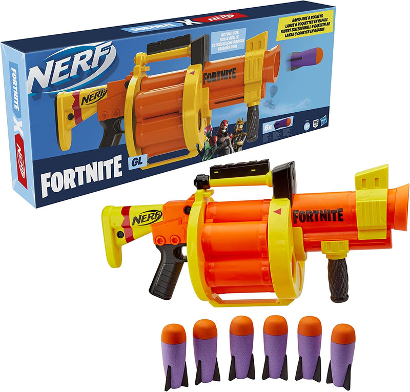 Load image into Gallery viewer, NERF Fortnite GL Rocket-Firing Blaster -- 6-Rocket Drum, Pump-to-Fire -- Includes 6 Official Rockets -- for Youth, Teen, Adult , Orange
