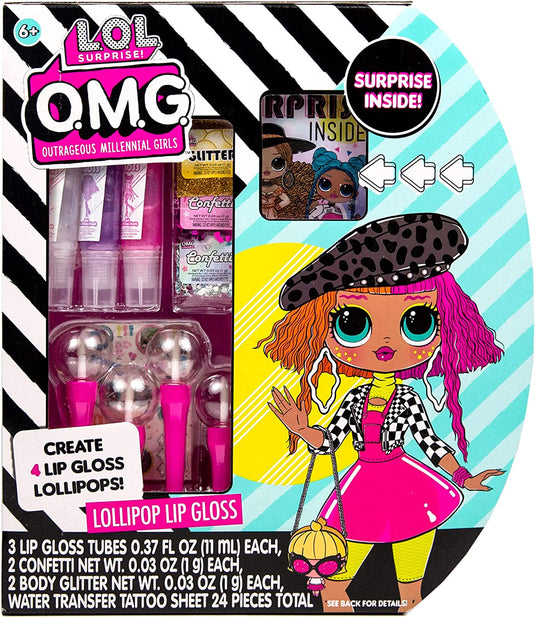 Horizon Group USA L.O.L. Surprise! O.M.G. Lollipop Lip Gloss, Create 4 LOL Surprise Lip Glosses, Includes 4 Lip Gloss Containers, 3 Fun Flavors, Confetti, Surprise Temporary Tattoos