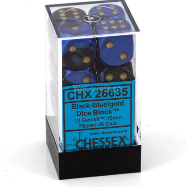 Chessex Dice D6 Sets: Gemini Black & Blue with Gold - 16Mm Six Sided Die (12) Block of Dice, Multicolor
