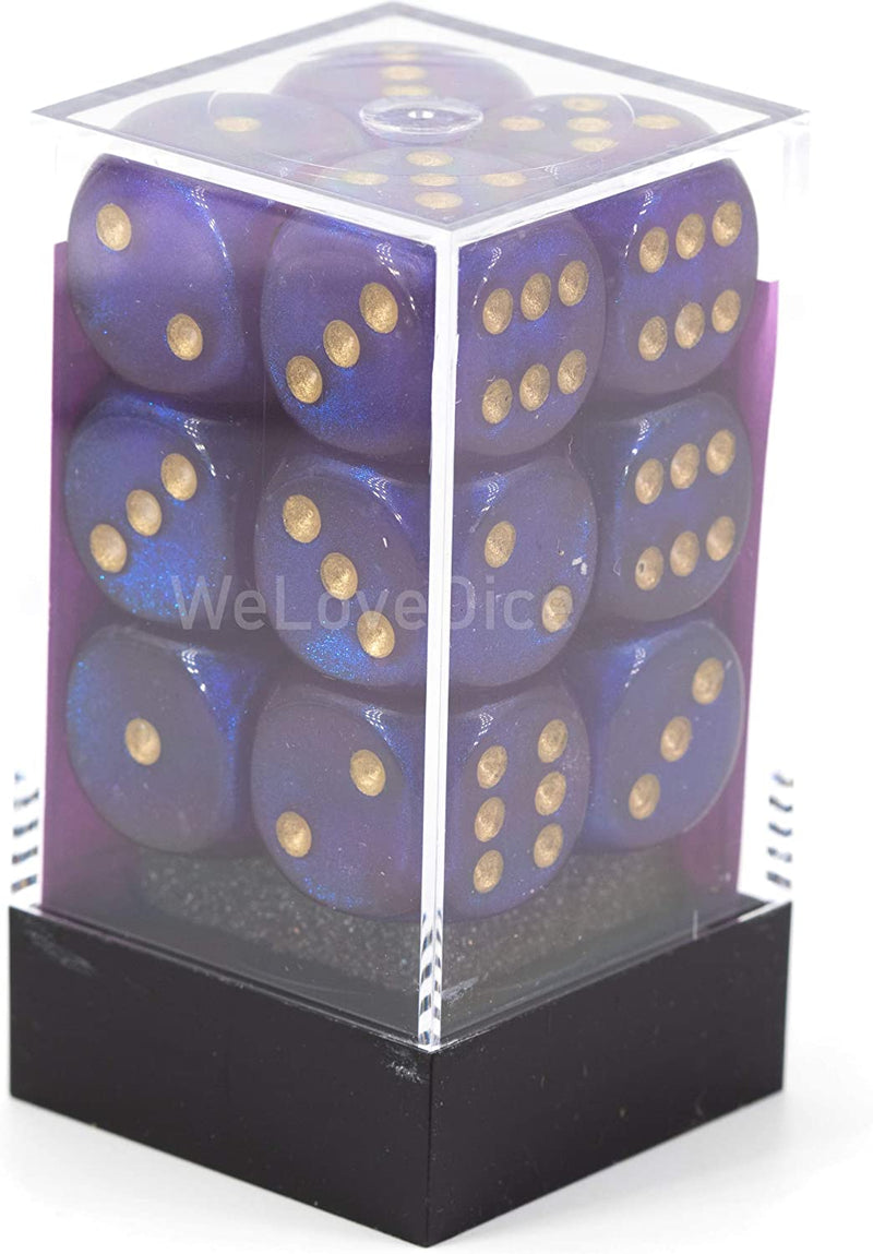 Load image into Gallery viewer, Chessex Borealis 16mm d6 Royal Purple/gold Luminary Dice Block (12 dice)
