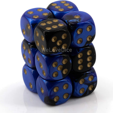 Chessex Dice D6 Sets: Gemini Black & Blue with Gold - 16Mm Six Sided Die (12) Block of Dice, Multicolor