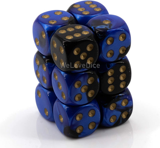 Chessex Dice D6 Sets: Gemini Black & Blue with Gold - 16Mm Six Sided Die (12) Block of Dice, Multicolor