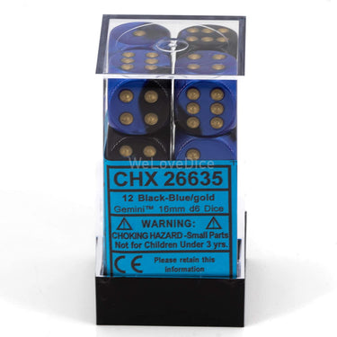 Chessex Dice D6 Sets: Gemini Black & Blue with Gold - 16Mm Six Sided Die (12) Block of Dice, Multicolor