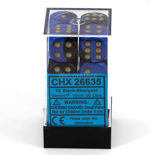 Chessex Dice D6 Sets: Gemini Black & Blue with Gold - 16Mm Six Sided Die (12) Block of Dice, Multicolor
