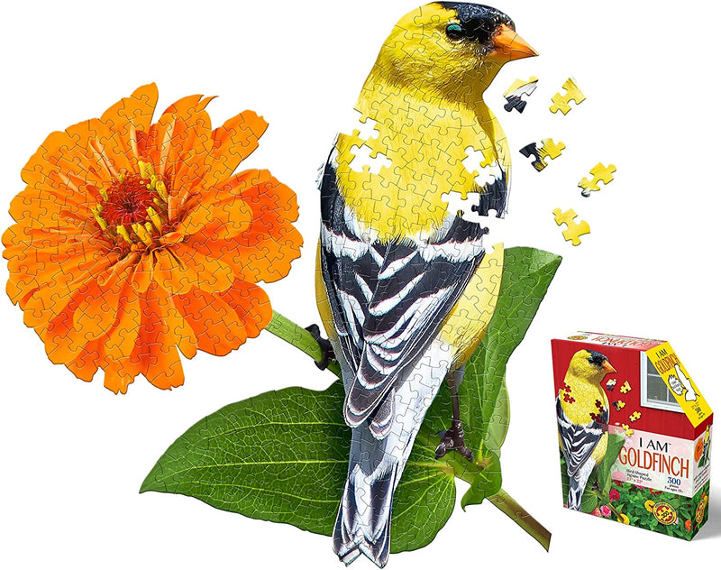 Load image into Gallery viewer, Madd Capp GOLDFINCH 300 Piece Jigsaw Puzzle For Ages 10 and up - 6018 - Unique-Shaped Border, Challenging Random Cut, Deluxe Five-Sided Box Fits on Bookshelf, Includes Educational Madd Capp Fun Facts
