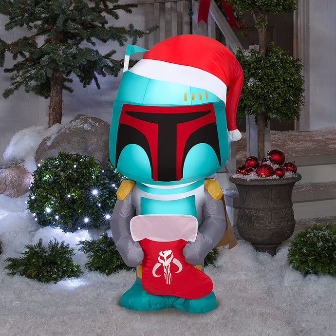 Gemmy Christmas Airblown Inflatable Inflatable Boba Fett with Stocking, 4 ft Tall, Green