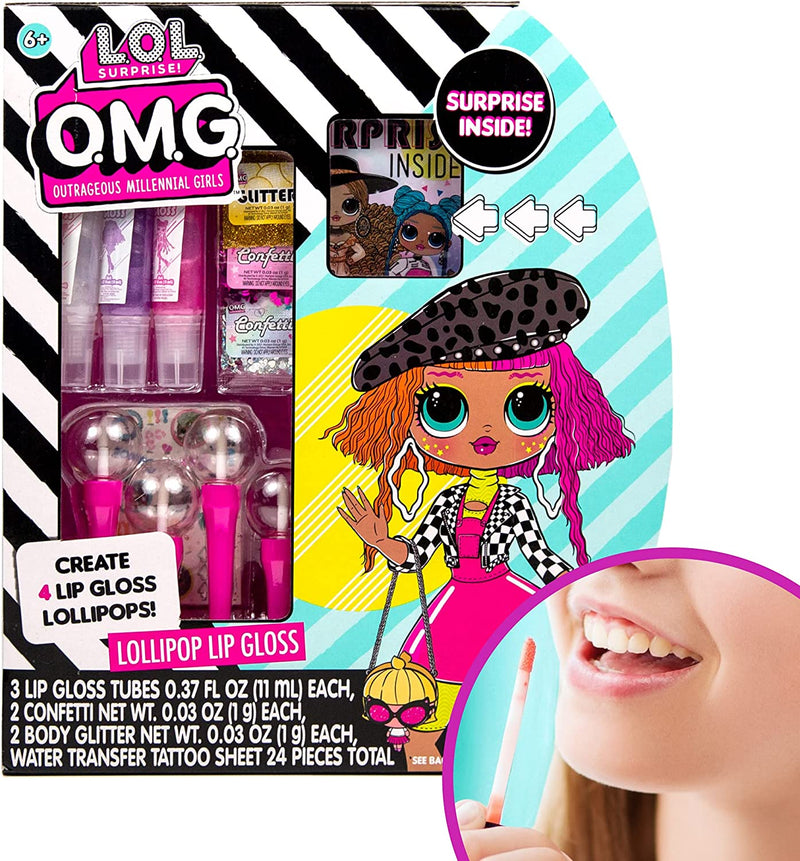 Load image into Gallery viewer, Horizon Group USA L.O.L. Surprise! O.M.G. Lollipop Lip Gloss, Create 4 LOL Surprise Lip Glosses, Includes 4 Lip Gloss Containers, 3 Fun Flavors, Confetti, Surprise Temporary Tattoos
