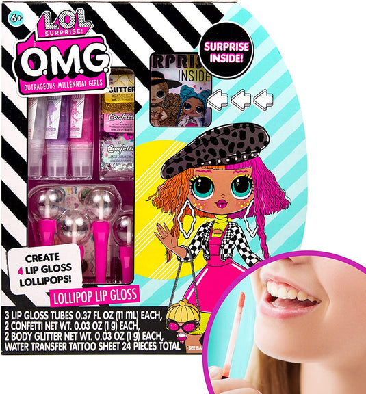 Horizon Group USA L.O.L. Surprise! O.M.G. Lollipop Lip Gloss, Create 4 LOL Surprise Lip Glosses, Includes 4 Lip Gloss Containers, 3 Fun Flavors, Confetti, Surprise Temporary Tattoos