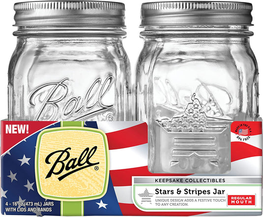Ball Keepsake USA Stars and Stripes Regular Mouth Canning Jars 1 pt 4 pk
