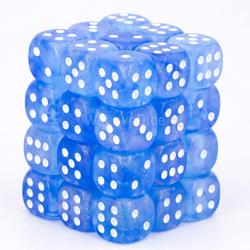 Load image into Gallery viewer, Chessex Borealis 12mm d6 Sky Blue/white Luminary Dice Block (36 dice)
