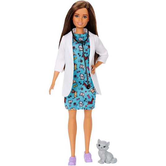Barbie Pet Vet Brunette Doll w/ Career Pet-Print Dress, Medical Coat, Shoes and Kitty Patient