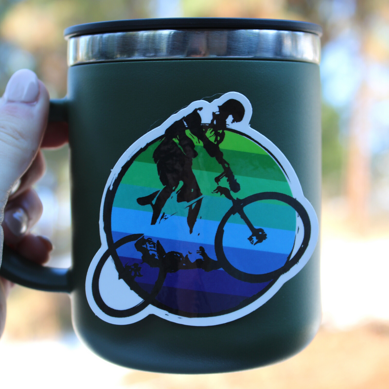 Load image into Gallery viewer, Green-to-Blue Stripes Circle Mountain Biker Sticker
