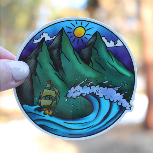 Ship on a Wave with Mountains Sticker