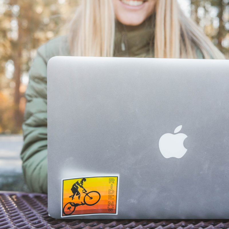 Load image into Gallery viewer, Yellow-to-Orange Stripes Mountain Biker Ride NW Sticker
