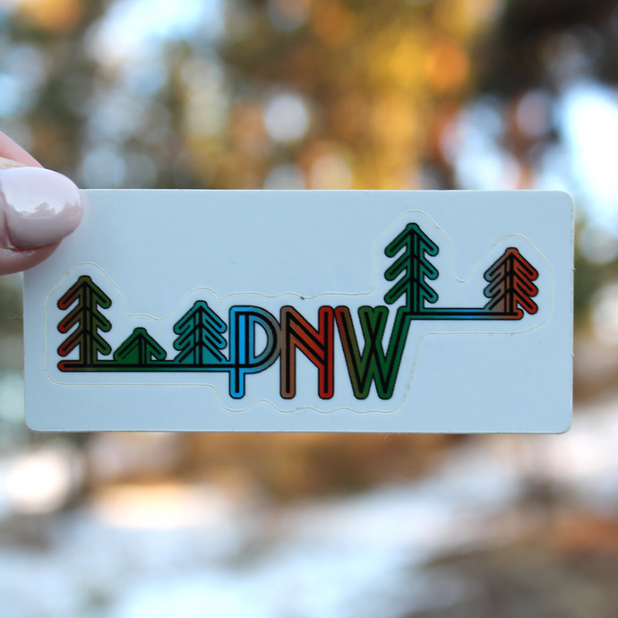 Blue-to-Red-to-Green Gradient PNW Trees Sticker