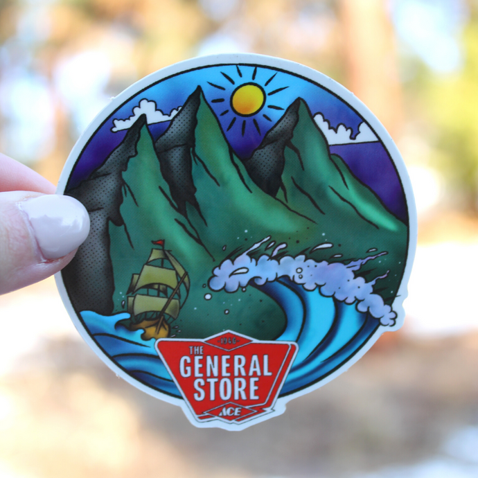 The General Store Ship on a Wave with Mountains Sticker