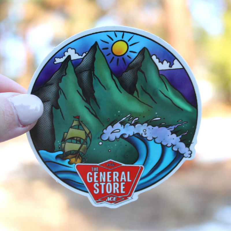 Load image into Gallery viewer, The General Store Ship on a Wave with Mountains Sticker
