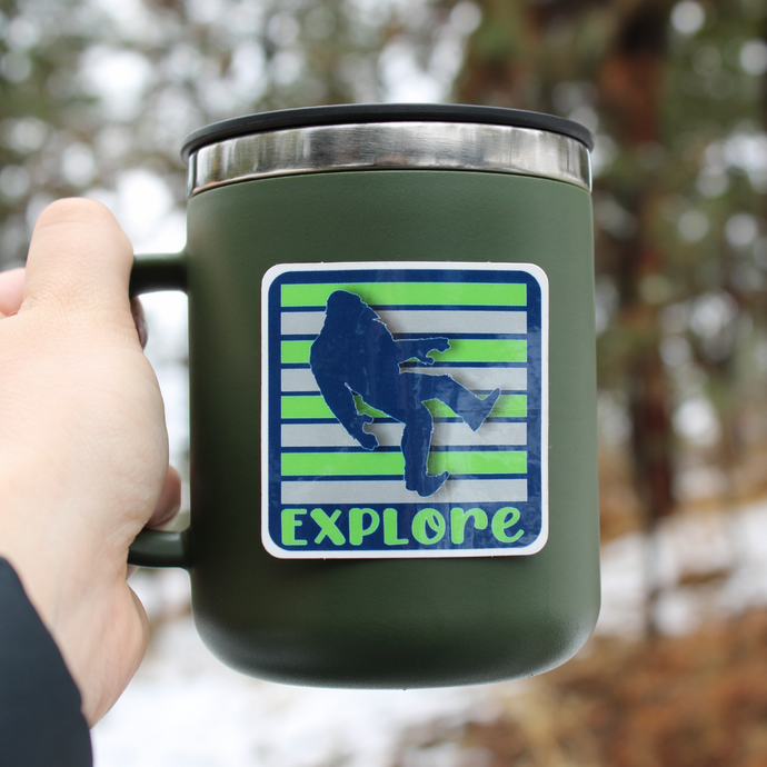 Explore Blue Sasquatch Grey and Green Bars Blue Sticker