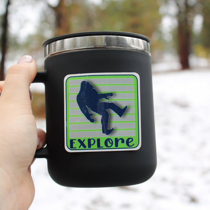 Explore Blue Sasquatch Grey Bars Green Sticker