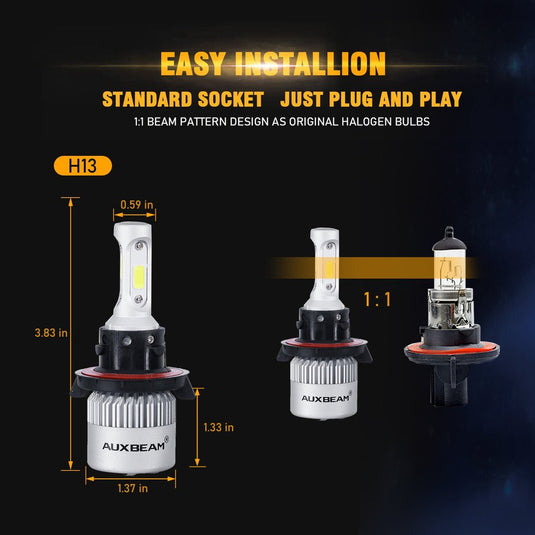 AUXBEAM LED Head Light Bulbs H13/9008 S2-Series COB 270°/360° Beam 8000LM