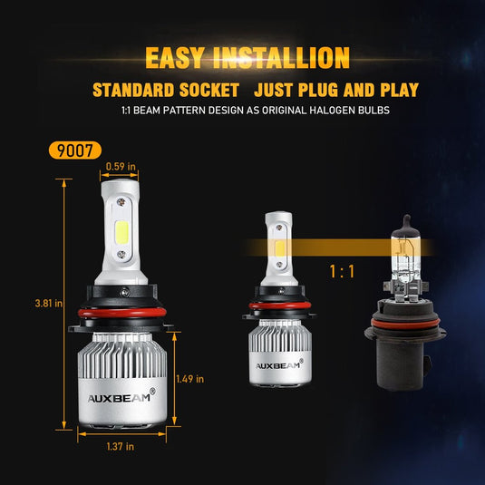 AUXBEAM LED Head Light Bulbs 9007/HB5 S2-Series COB LED 270°/360° Beam 8000LM