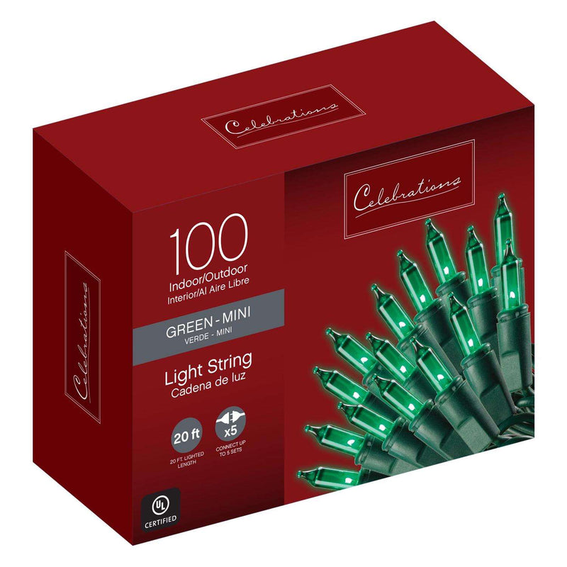 Load image into Gallery viewer, Celebrations Incandescent Mini Green 100 ct String Christmas Lights 20 ft.
