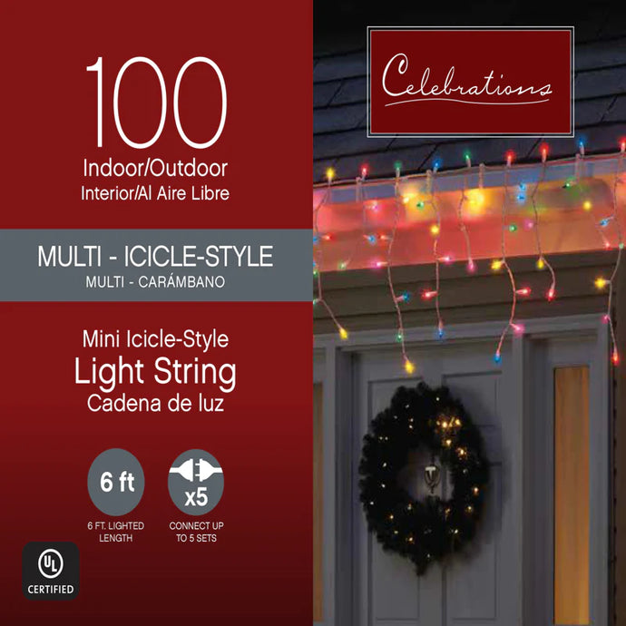 Celebrations Incandescent Mini Multicolored 100 ct Icicle Christmas Lights 5.67 ft