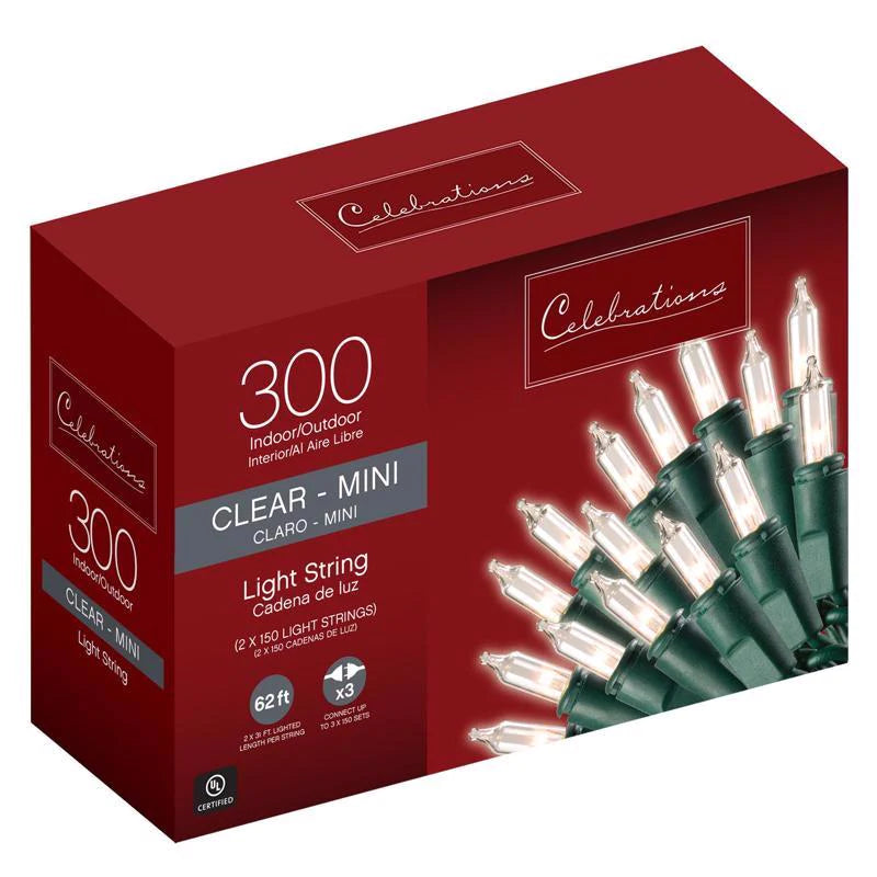 Load image into Gallery viewer, Celebrations Incandescent Mini Clear/Warm White 300 ct String Christmas Lights 62 ft.
